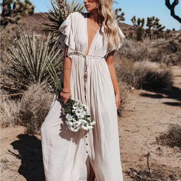 Elegant Cream Maxi Dress kimono wrap dress - Picture 2 of 5